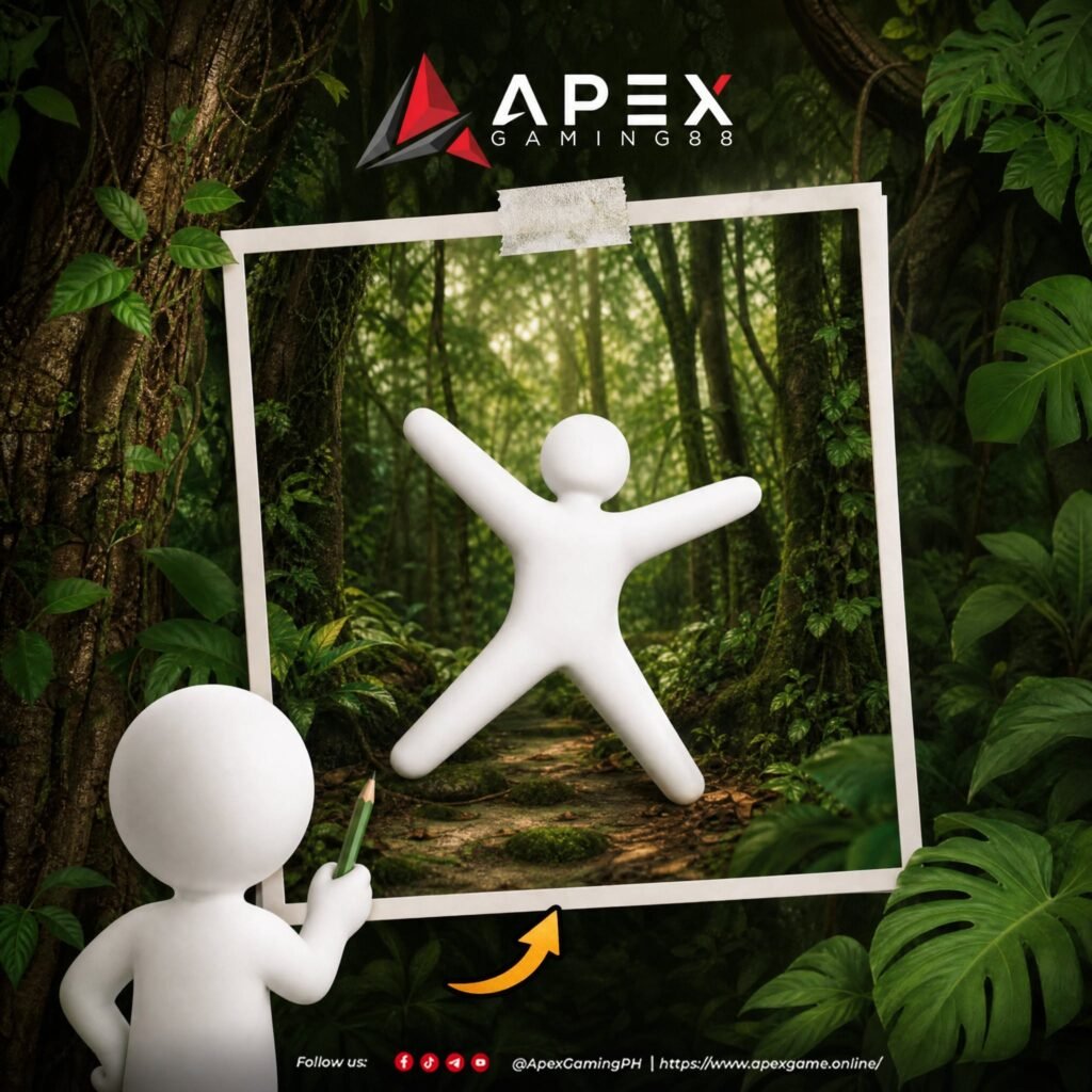 Apex Gaming Games – White 3D character pointing to a framed forest scene